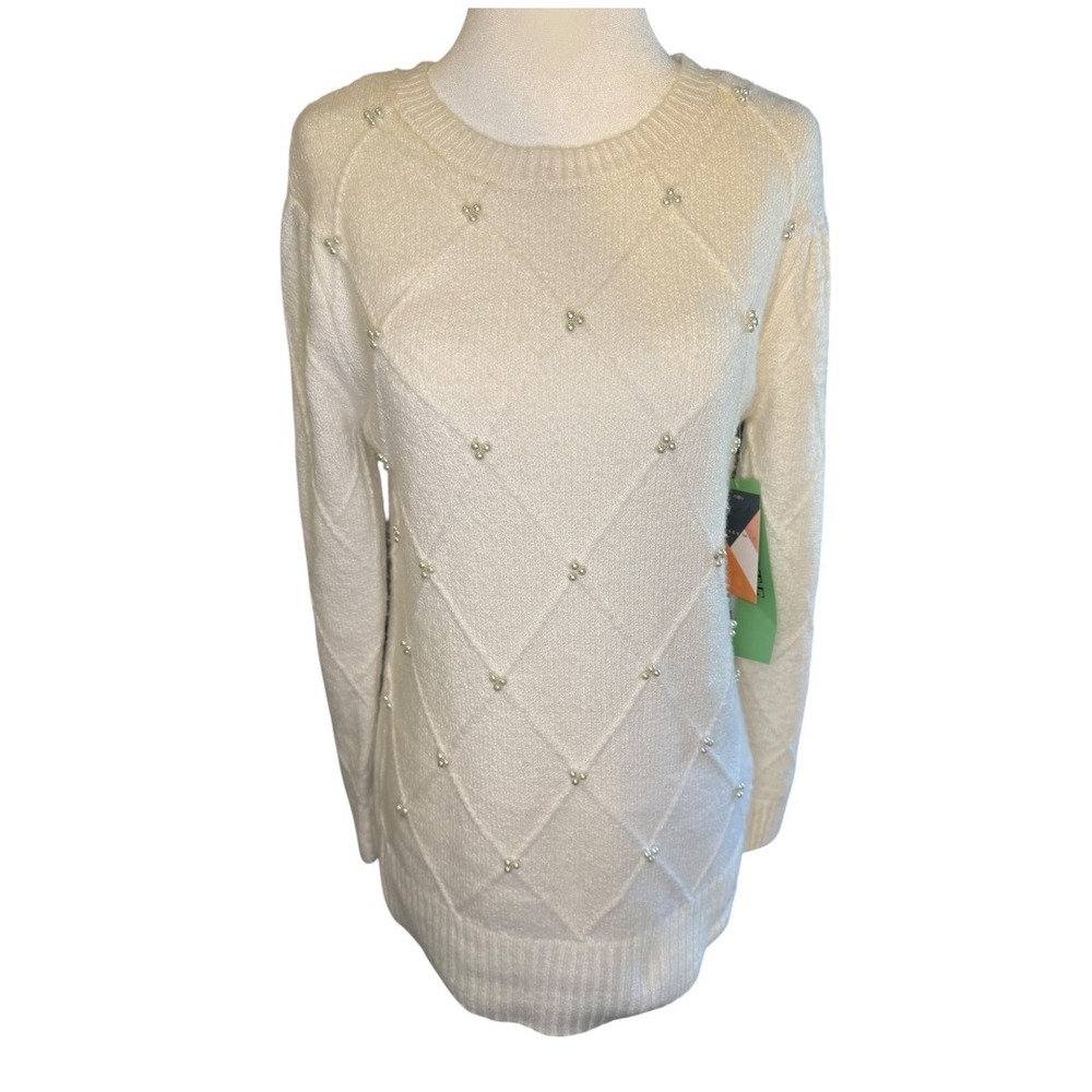 Ally Mae White Pearl Embellished Diamond Cable Knit Sweater‎ Petite Small NEW